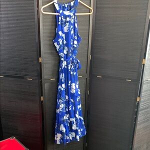 Calvin Klein Blue and White Tie Front Halter Maxi Dress